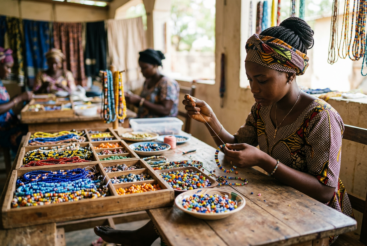 Bead necklaces and bracelets laid out on a display stand