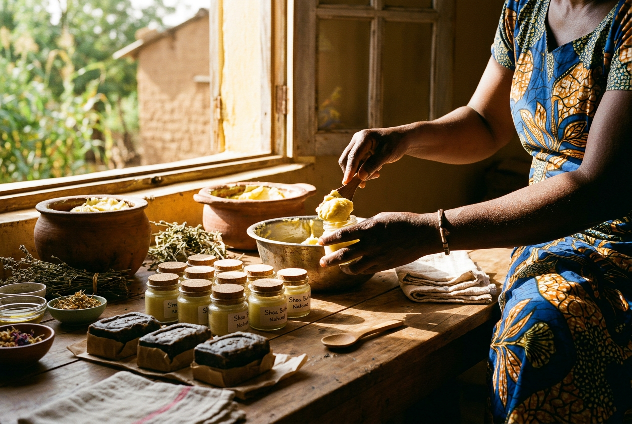 A woman scooping shea butter into small corked jars at a wooden table by a window