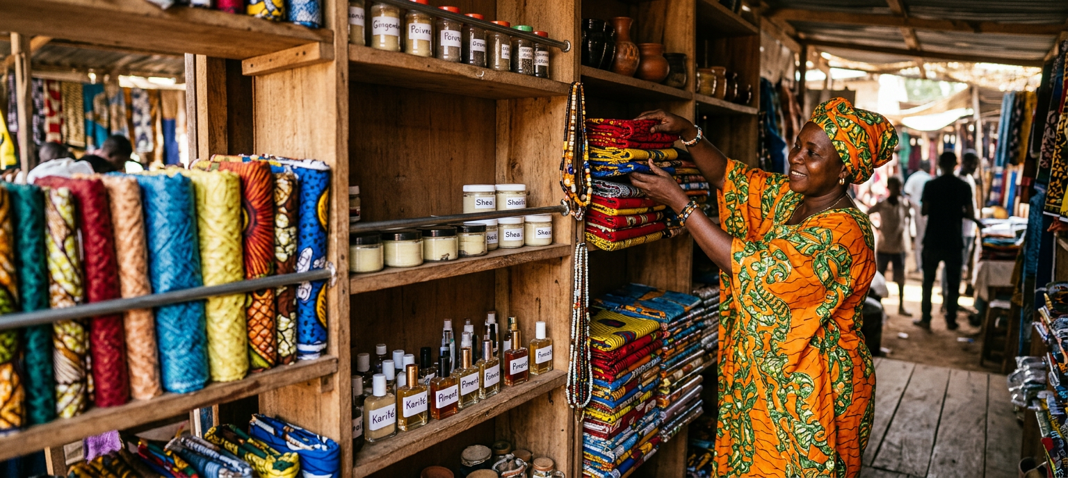 A seller folding wax-print fabrics in her cantine, with jars of shea butter and bottles of perfume on the shelves