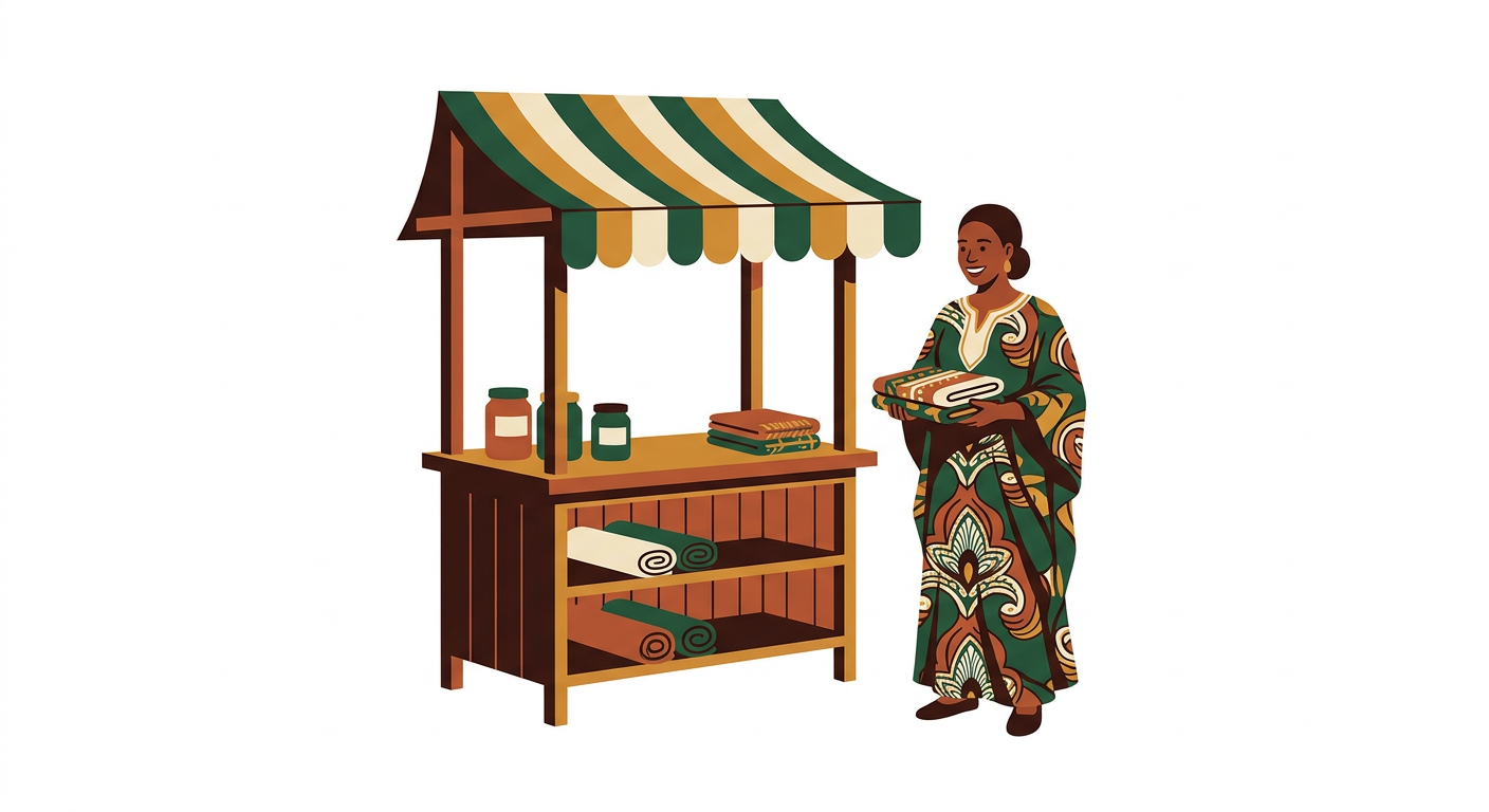 Illustration of a woman in a patterned dress standing beside a market counter with a green and gold awning, holding folded fabric