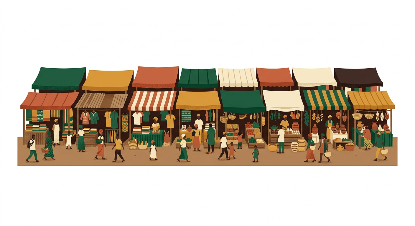 Illustration of a long row of market cantines with coloured awnings and people walking between them