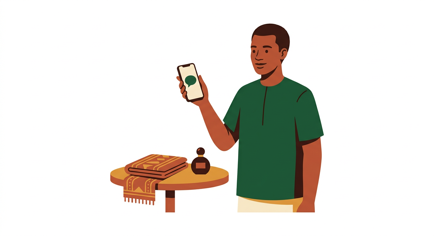 Illustration of a man in a green shirt holding a phone with a chat bubble, next to a small table with a folded cloth and a perfume bottle