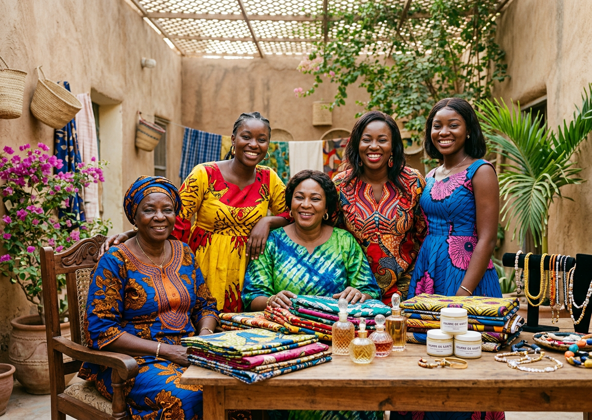 Five women in bright wax-print outfits gathered around a table of folded fabrics, perfume bottles, shea butter jars and bead jewellery in a sunlit courtyard